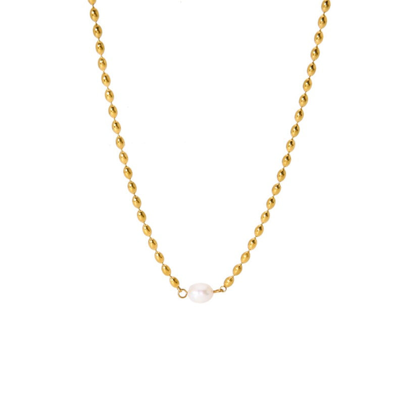 Wholesale Non-fading Natural Freshwater Pearl Oval Gold Bean Titanium Steel Necklaces